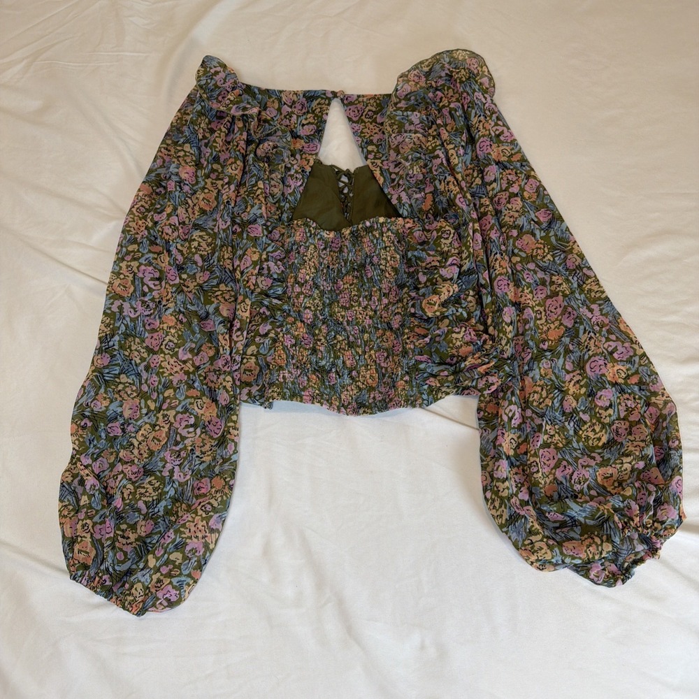 Free People Shirt Womens XS Green Floral Smocked Mabel Puff Sleeve Boho Top - Picture 7 of 7